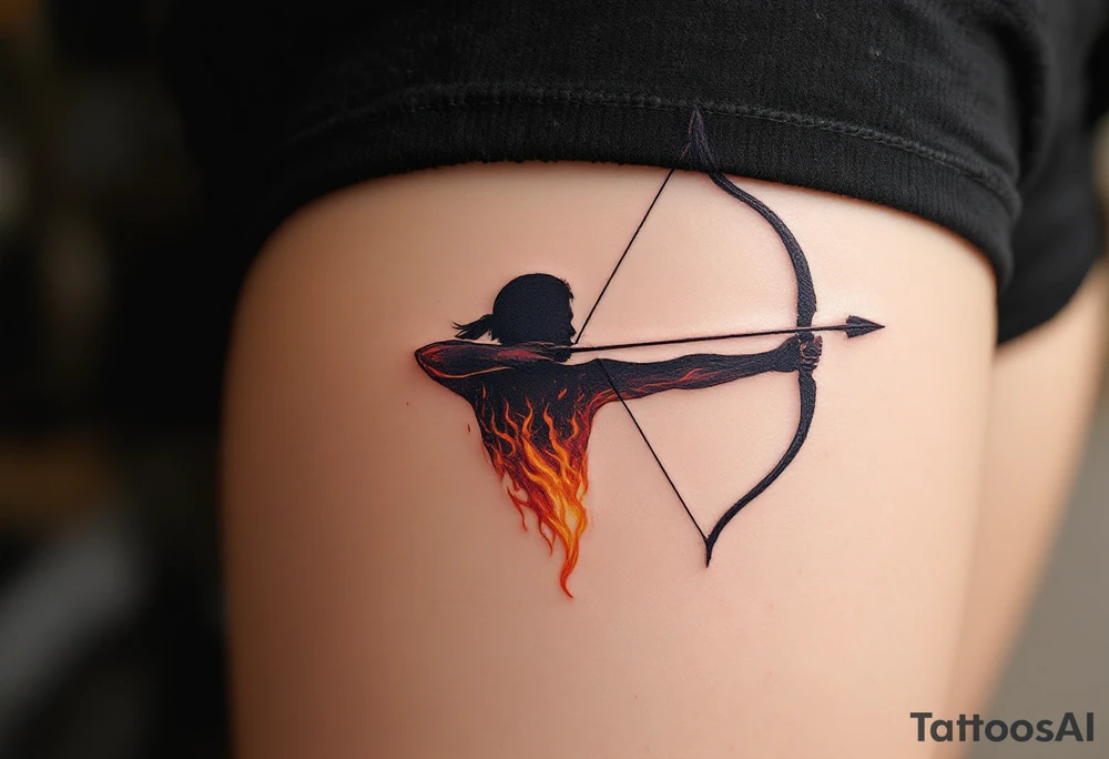 A tattoo of a fiery archer, with flames coming from the tip of the arrow. The flames are shown in vivid red, orange, and yellow, representing the fire element of Sagittarius. The archer’s silhouette is shaded in dark grey, giving it a sleek and modern look, while the flames add vibrant contrast. tattoo idea
