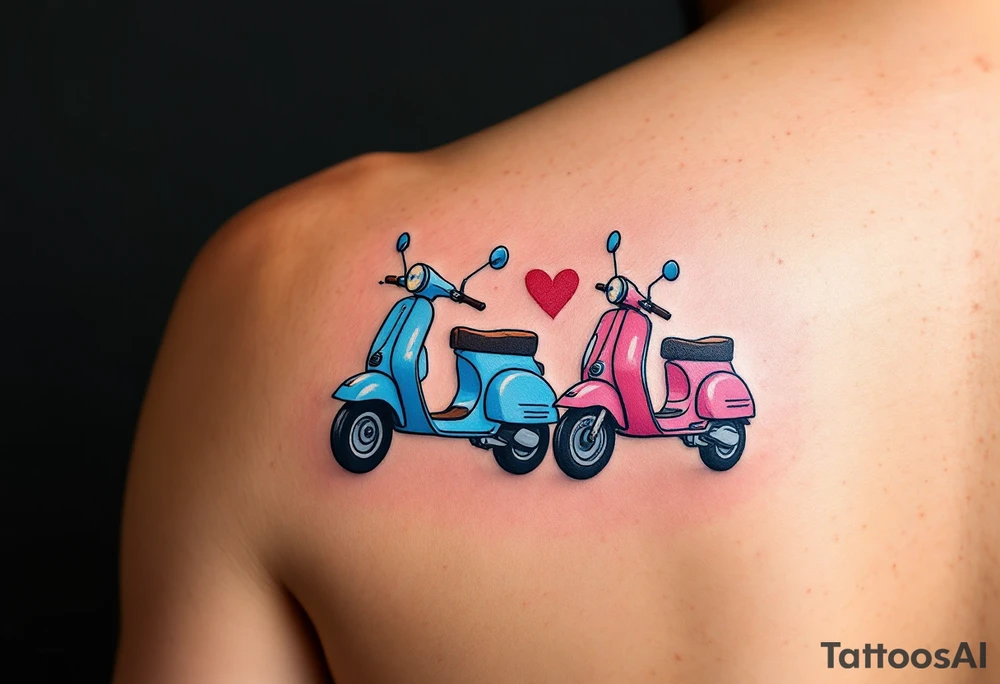 2 scooters, blue and pink, riding together in love tattoo idea