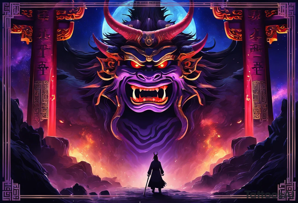 torii gate in biomechanical style in background.

Dominant demonic figure, formidable face with royal king features, has a evil grin and a bit of open mouth with glimpse of devil fang teeth, similar to skull features, framed by deep-set glowing galaxy eyes, head has prominent purple deep blue flames (Not standalone horns) with intricate recognizable swirling galaxy shaped textures with fiery peacock blue green turquoise colour highlights. tattoo idea