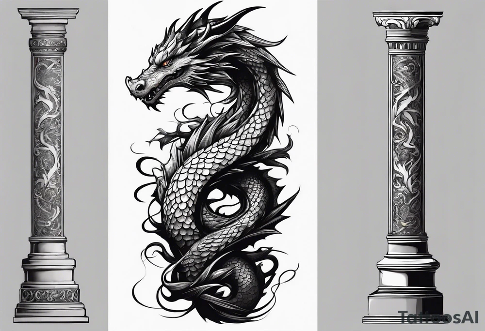 A dragon holding on a column tattoo idea