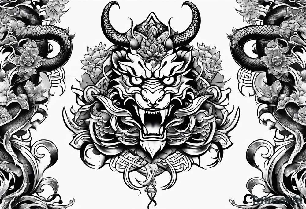 Japanese-style tattoo with snake demons tattoo idea