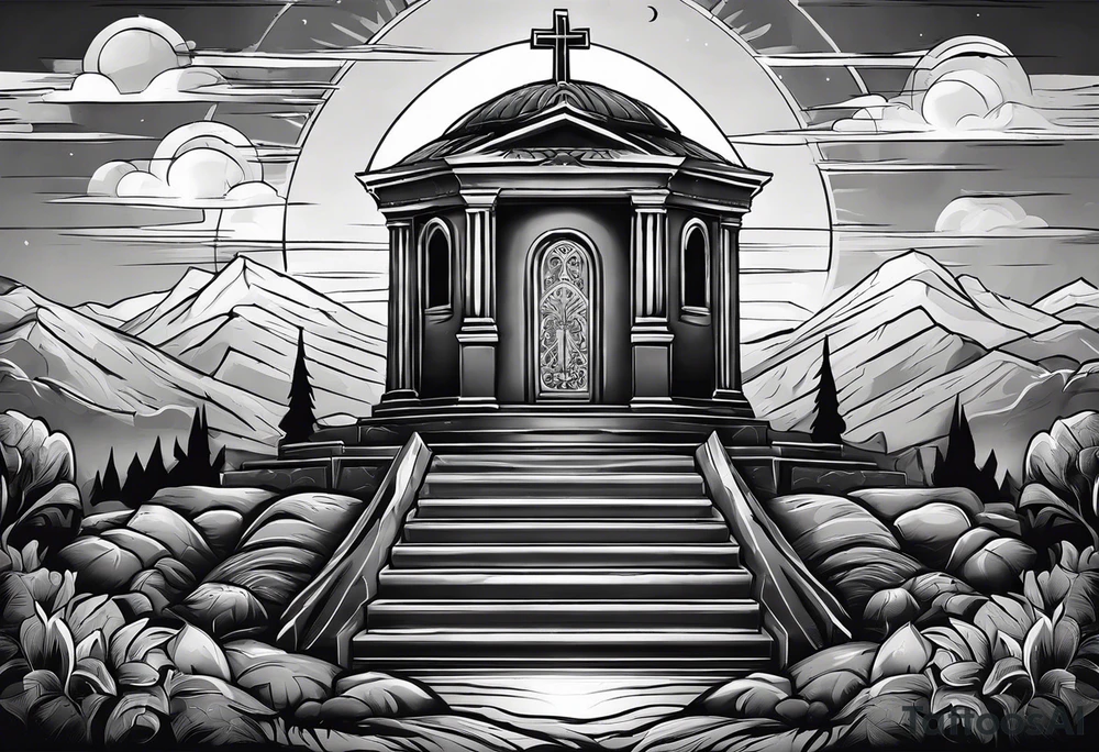Tomb with cross and sun in the background tattoo idea
