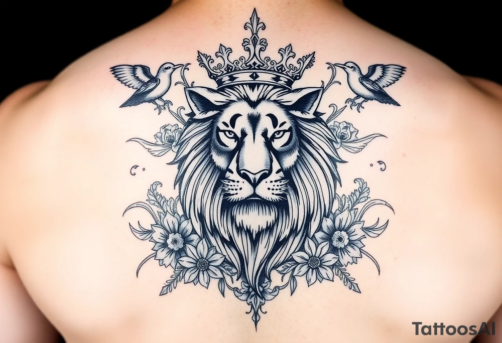 powerful majestic lion with a crown, surrounded by floral ornaments and birds tattoo idea