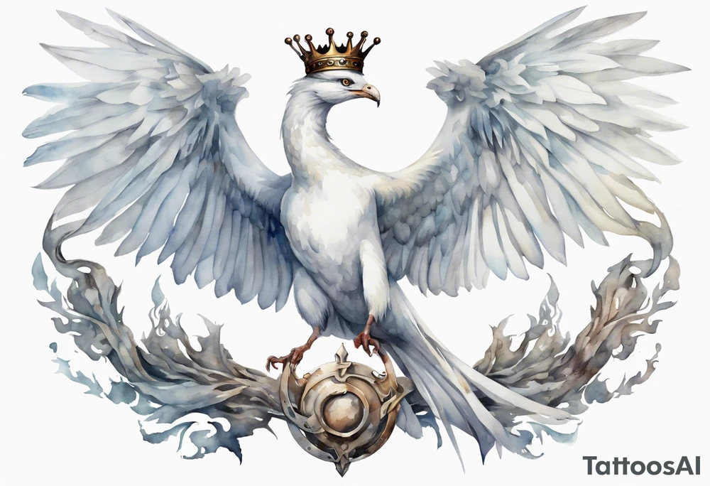 a watercolor of a white bird-serpent hybrid wearing an iron crown, flying in the sky tattoo idea