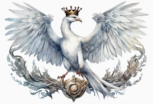 a watercolor of a white bird-serpent hybrid wearing an iron crown, flying in the sky tattoo idea