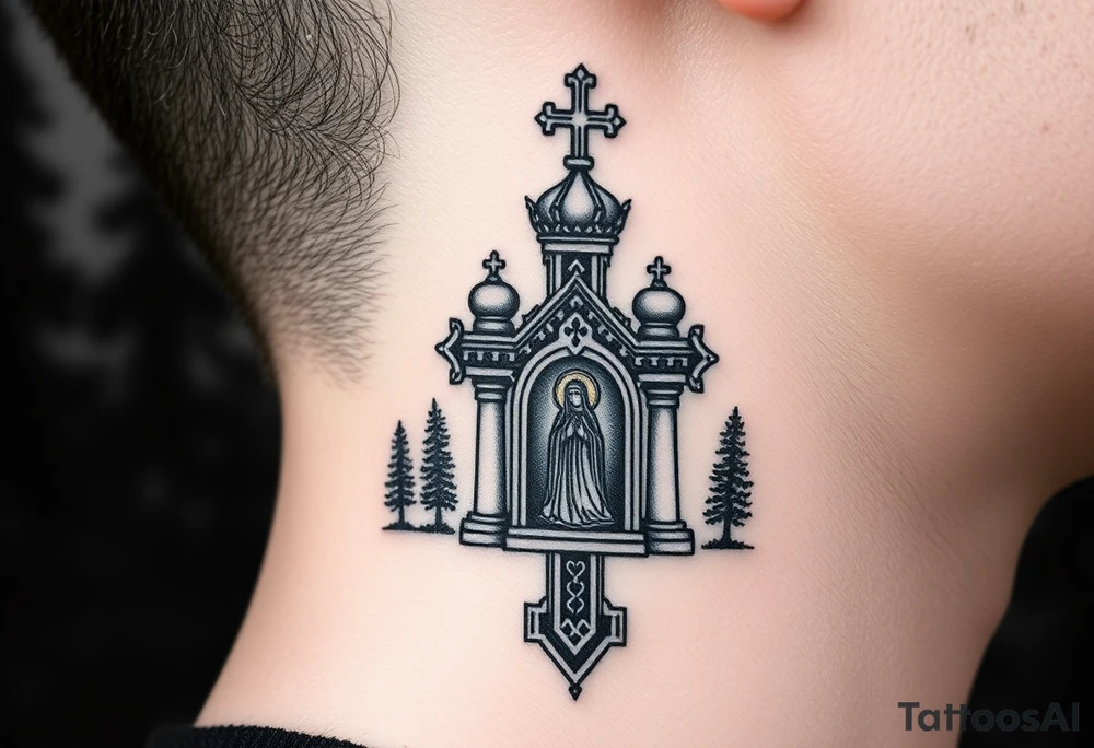 russian coat arms traditional christian orthodox cross with a virgin mary stood in the entrance of a russian orthodox dome church on the side of the neck in a wilderness setting tattoo idea