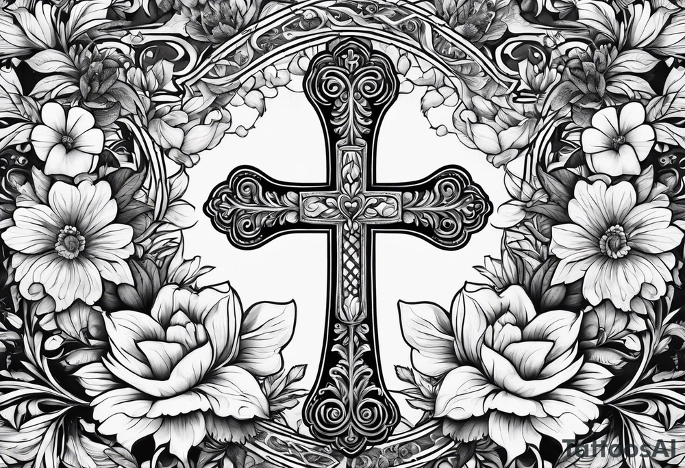 A wood cross with flowers surrounding it tattoo idea A wood cross with flowers surrounding it tattoo idea