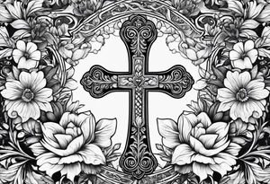 A wood cross with flowers surrounding it tattoo idea