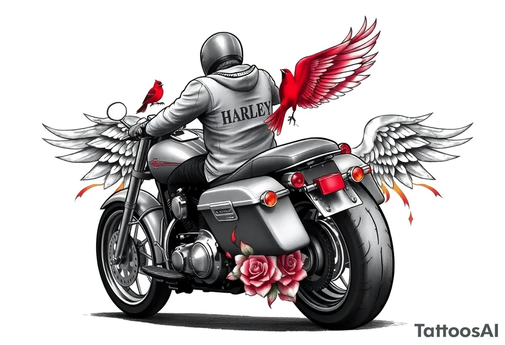 Harley grey motorcycle driving away, two red birds flying, roses, flames, angel wings tattoo idea