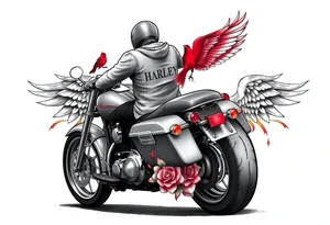 Harley grey motorcycle driving away, two red birds flying, roses, flames, angel wings tattoo idea