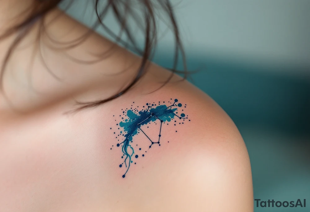 A fine-line Capricorn constellation emerging from a splash of deep teal and midnight blue ink. tattoo idea