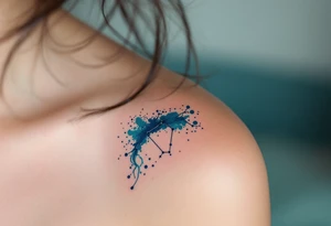 A fine-line Capricorn constellation emerging from a splash of deep teal and midnight blue ink. tattoo idea
