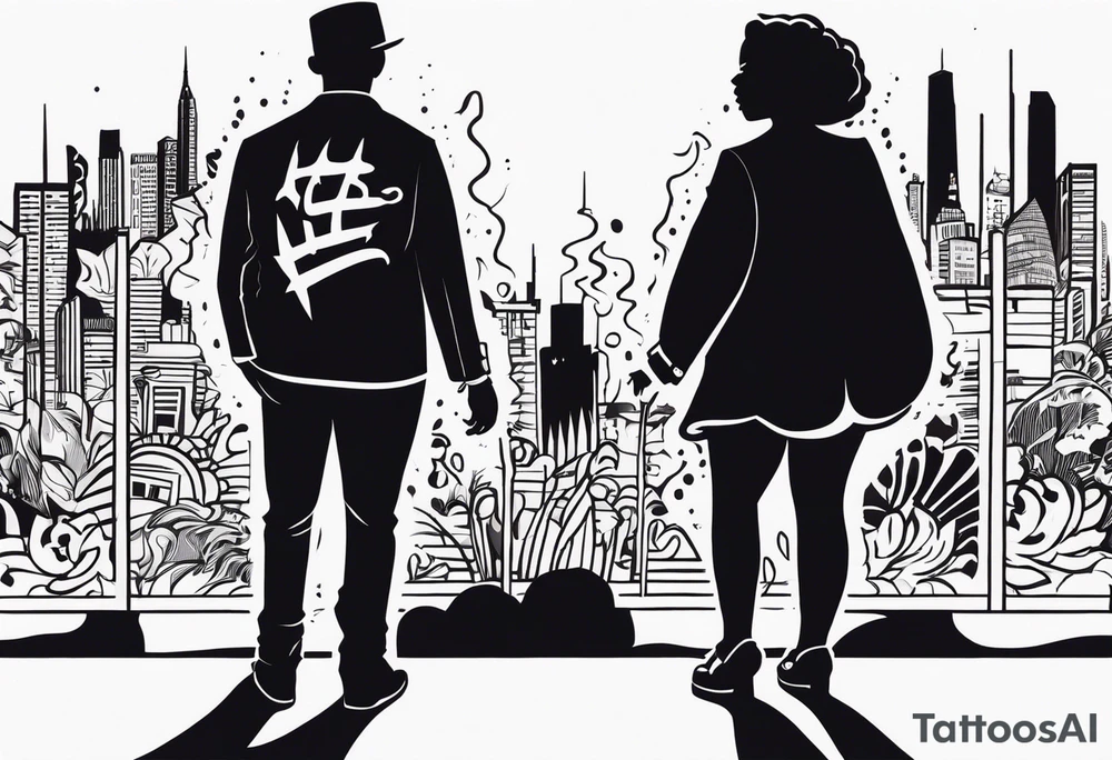 2 black shadows of people standing over 2 black shadows of murdered people tattoo idea