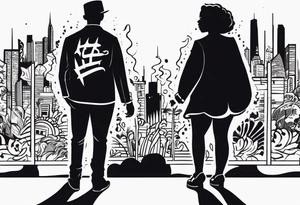 2 black shadows of people standing over 2 black shadows of murdered people tattoo idea