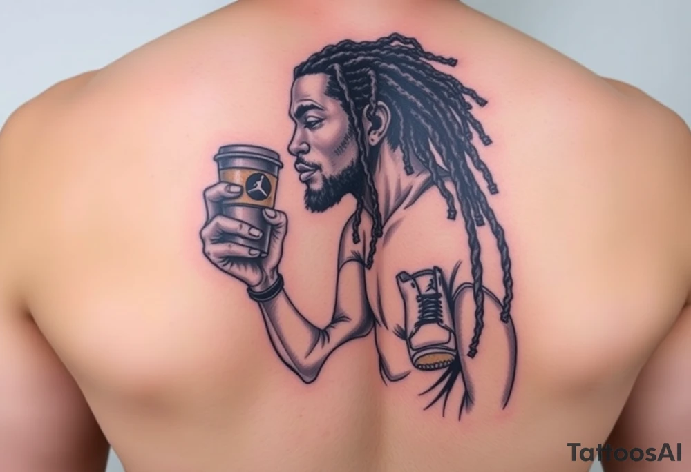 Black character with dread locs holding a coffee in one hand with socks and Jordan’s on tattoo idea