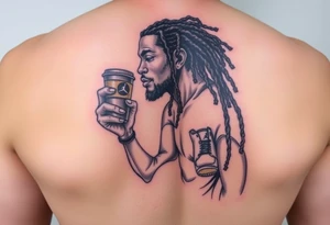Black character with dread locs holding a coffee in one hand with socks and Jordan’s on tattoo idea