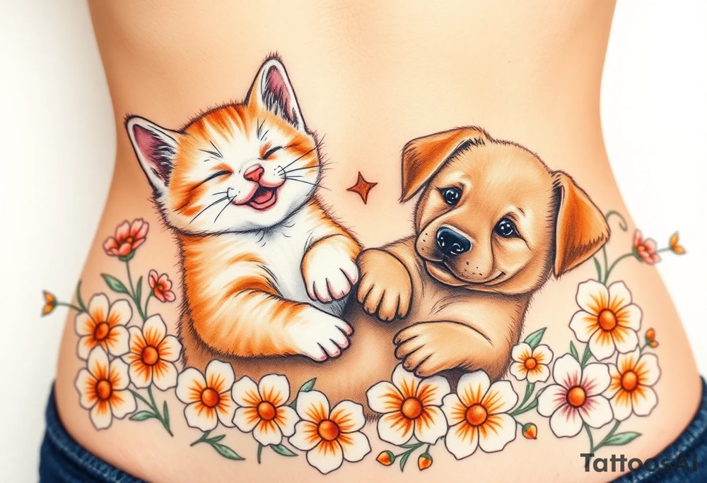 A white and orange kitten happy as can be I can even see a smile while a brown puppy full of love and joy rolling around in a bed of flowers together tattoo idea