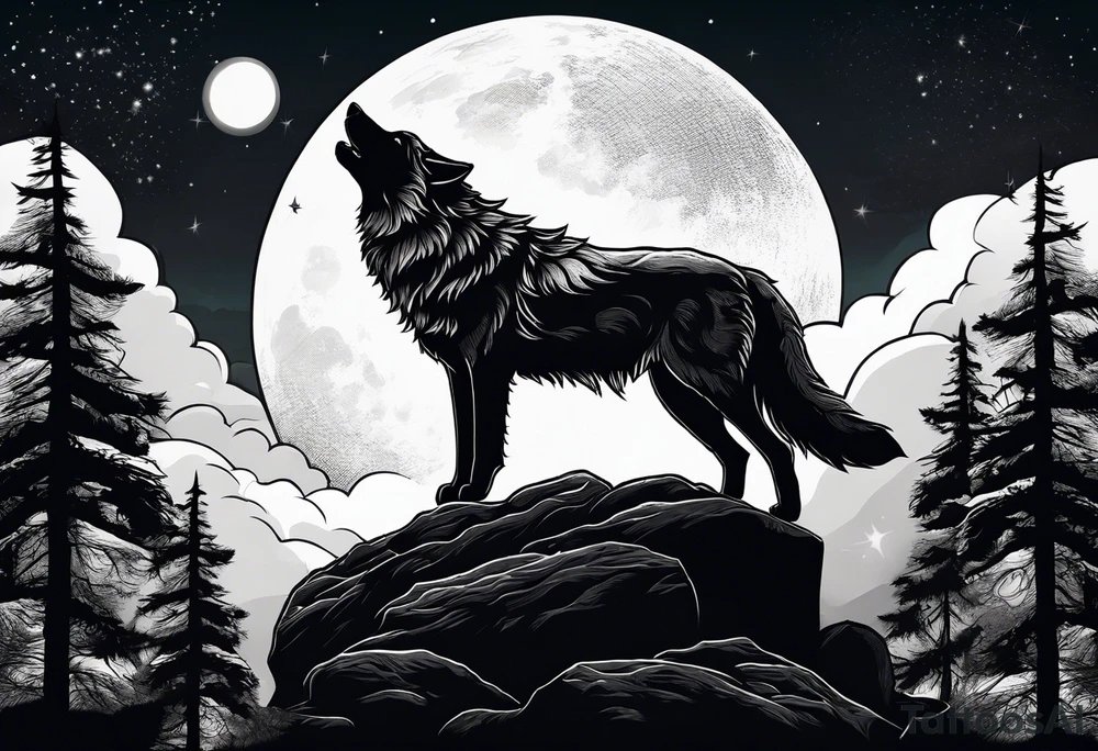 A wolf howling at the full moon on top of a rock surrounded by trees tattoo idea