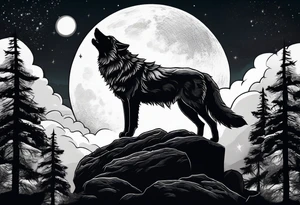 A wolf howling at the full moon on top of a rock surrounded by trees tattoo idea