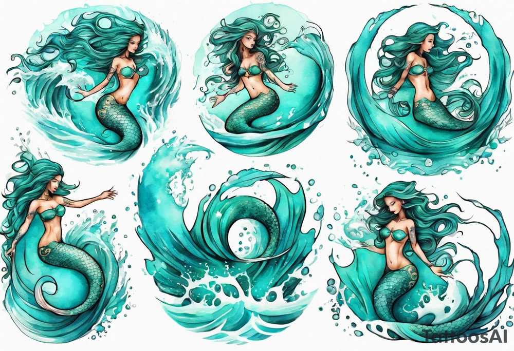 a turquoise mermaid swimming in the sea surrounded by crashing waves tattoo idea