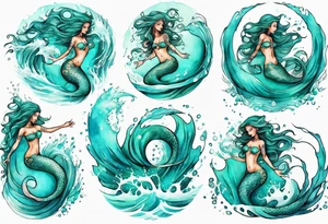 a turquoise mermaid swimming in the sea surrounded by crashing waves tattoo idea