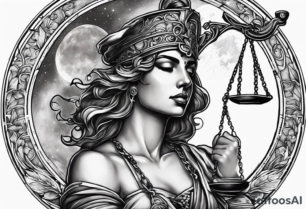 Themis holding the scales of justice while blindfolded with a moon in the background in color tattoo idea