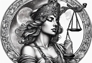 Themis holding the scales of justice while blindfolded with a moon in the background in color tattoo idea