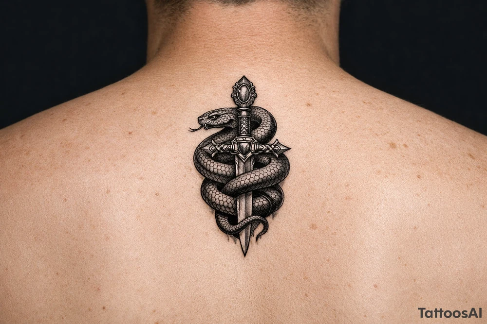 mystical snake coiled around an ancient dagger with jeweled hilt tattoo idea
