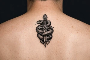 mystical snake coiled around an ancient dagger with jeweled hilt tattoo idea