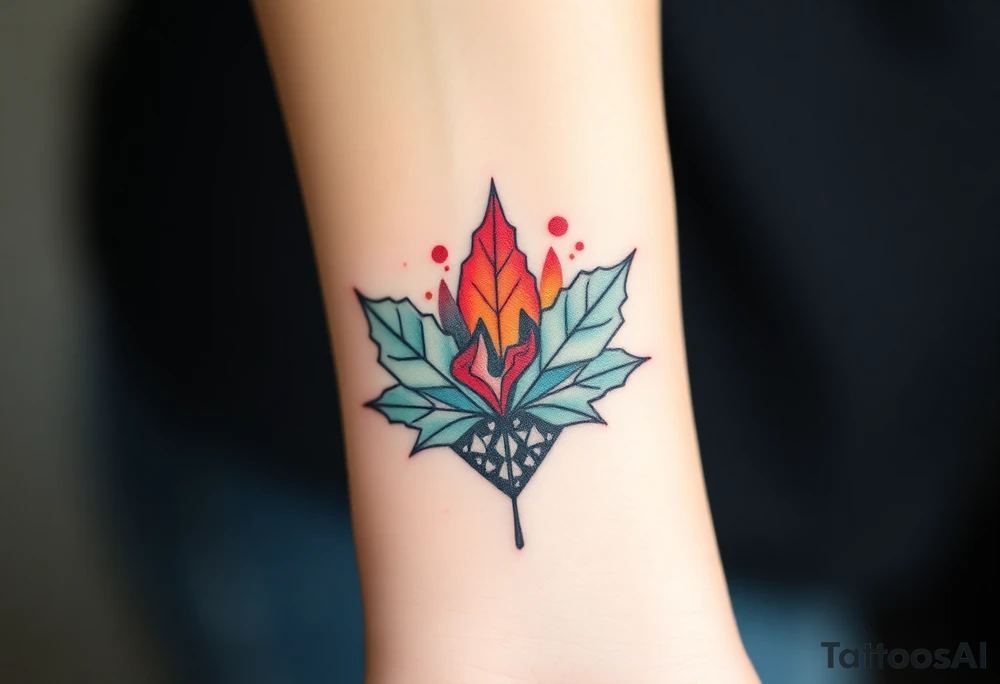 Female Geometric Volcano tattoo erupting in a heart. Maple leaf incorporated tattoo idea