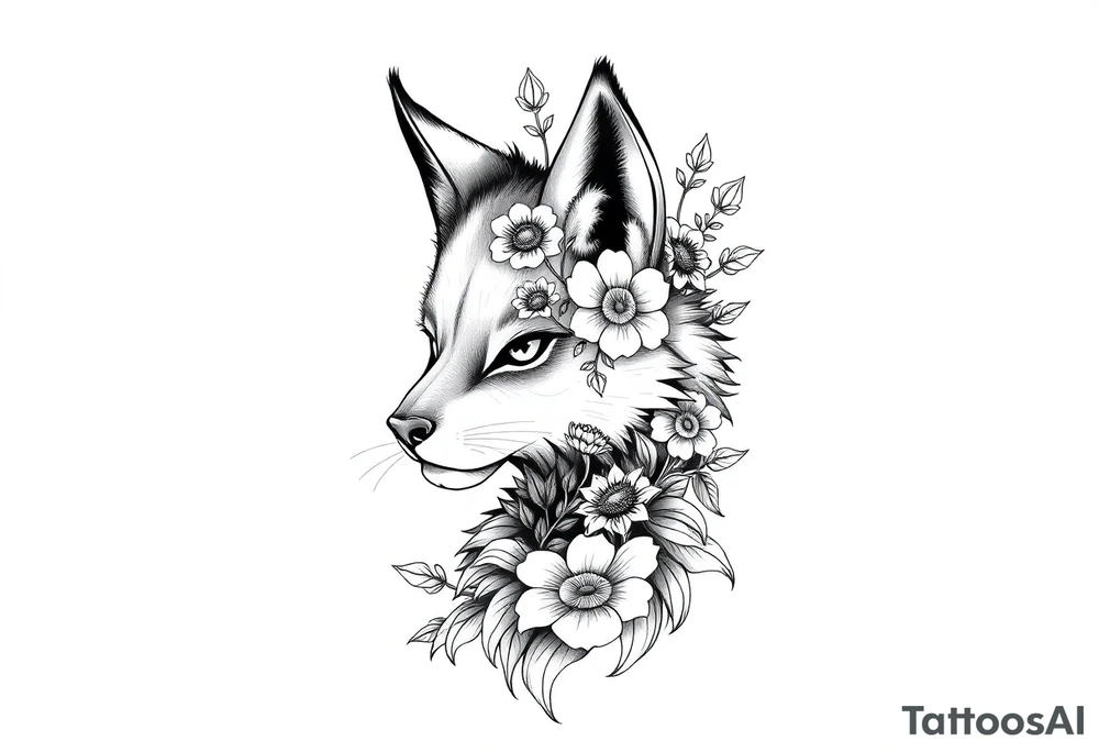 pCREATE A FURRY TATTOO DESIGN FURSONA ANTROPOMORPHIC IMAGE FOR ANTIFACIST LIBERAL WITH FLOWERS AND PLANTS GROWING FROM THE FURSONA tattoo idea
