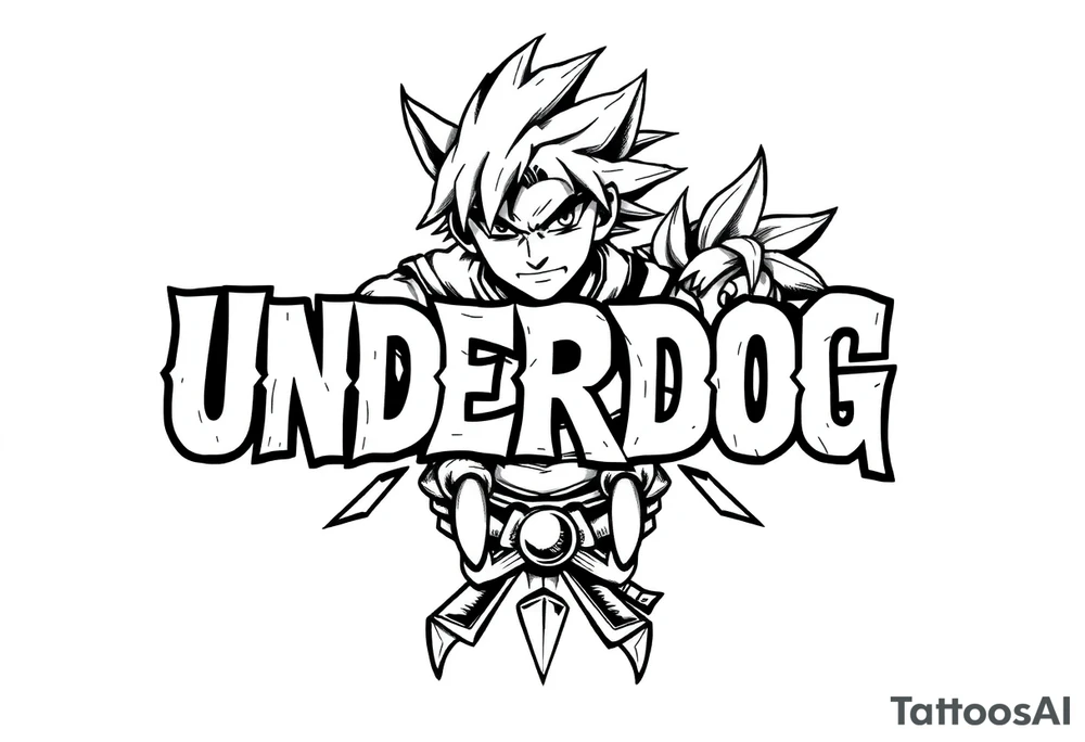 the word underdog in a with 3 anime characters Ippo and Naruto and son Goku tattoo idea