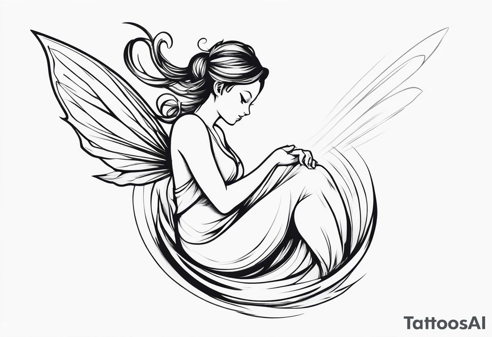 Minimalistic, monochromatic fairy with a tail flying to the left in a fetal position, leaning and looking in the same direction, with visible hands, embodying the 'Fairy Tail' logo aesthetic. tattoo idea