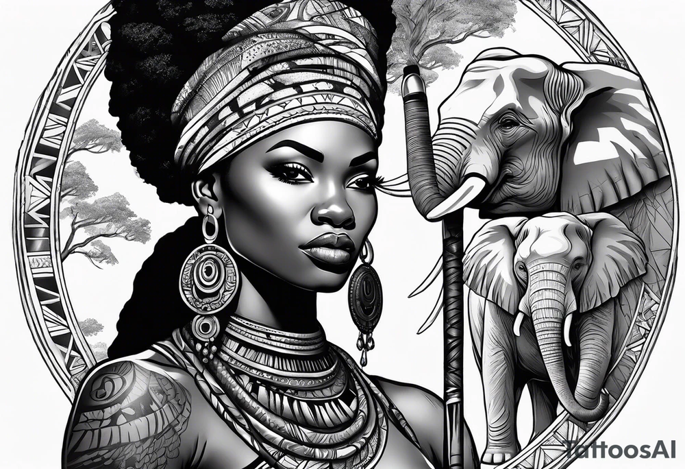 African woman warrior holding spear with ear rings and trees and brids and elephants in the background tattoo idea