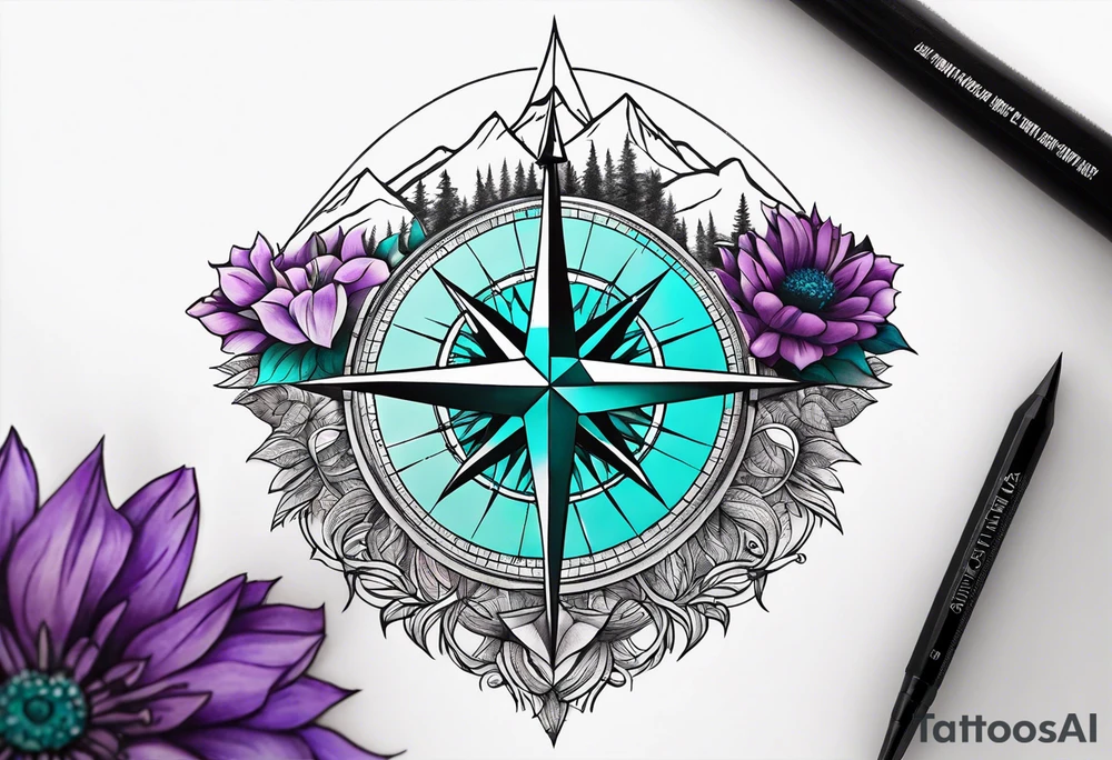 Compass rose rising like a sunrise behind a mountain. In front of the mountain, there are teal and purple flowers. Tattoo is half sleeve on the shoulder tattoo idea
