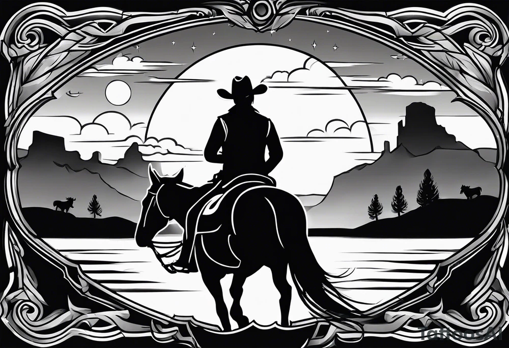 Country western cowboy saloon sunset shootout tattoo idea