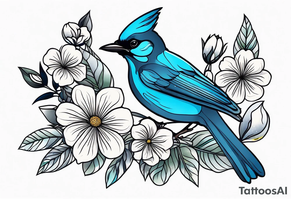 Stellar’s Jay bird with flowers tattoo idea