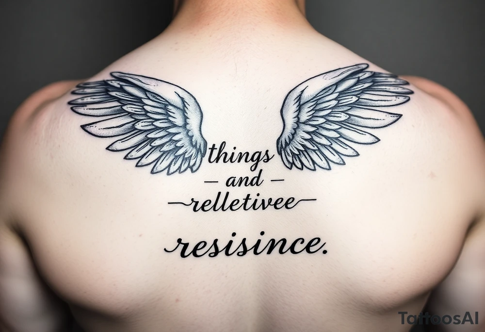 angel wings with related things and resilience written tattoo idea