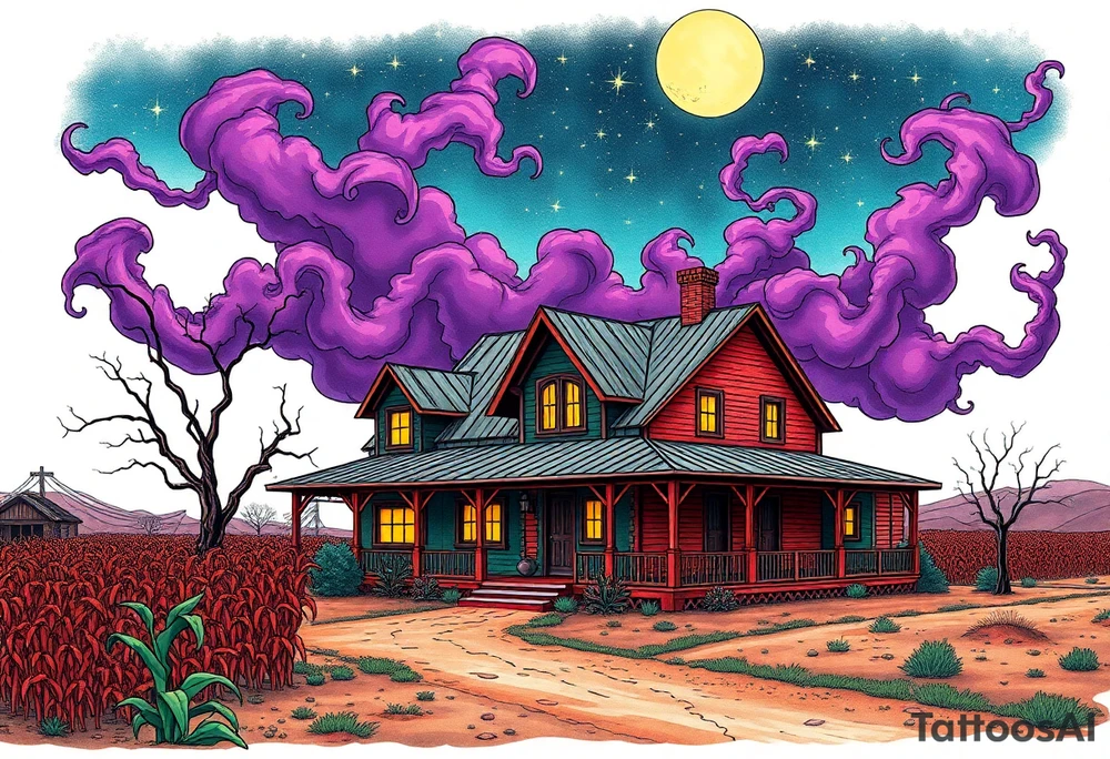 Tim Burton’s el paso texas farm house, with corn crops and pecan orchard from outside view is the street abandoned and dripping with muted reds, dusty pinks, and eerie green glow purple and cyan smokey clouds swirl and dance in the moonlit night sky filled with twinkling stars  tattoo idea tattoo idea