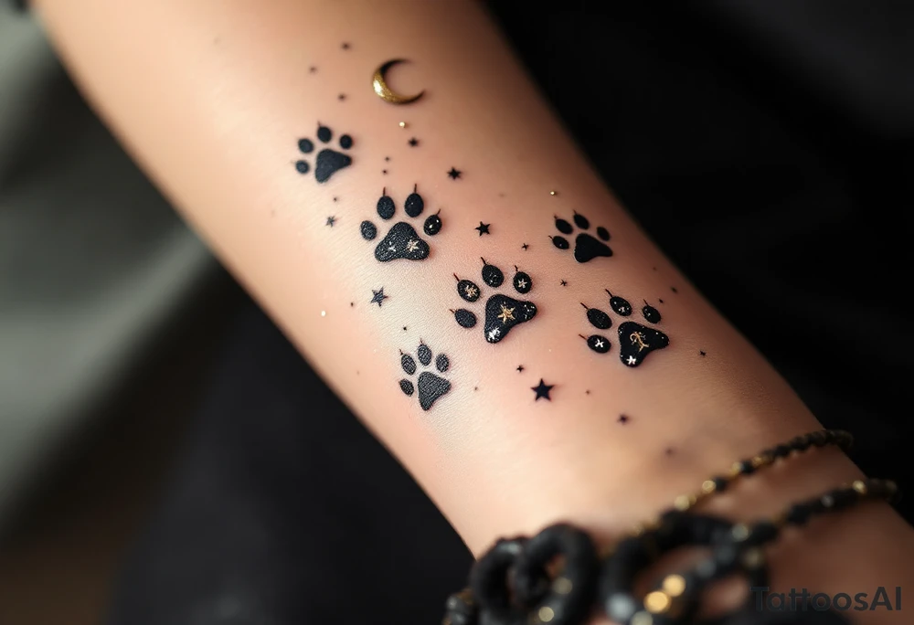 Celestial Paw Path – A trail of silver and gold paw prints with tiny crescent moons and stars between them, symbolizing a pet that watches over you from above. tattoo idea