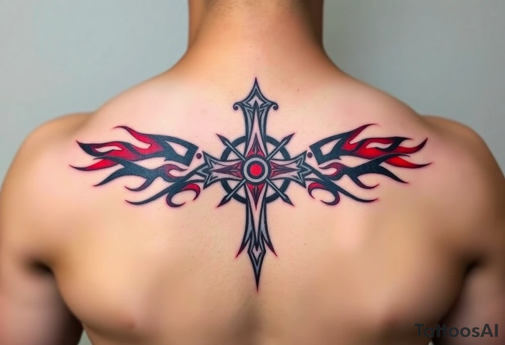 A flaming red and black Templar cross, surrounded by burning embers tattoo idea
