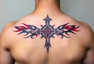 A flaming red and black Templar cross, surrounded by burning embers tattoo idea