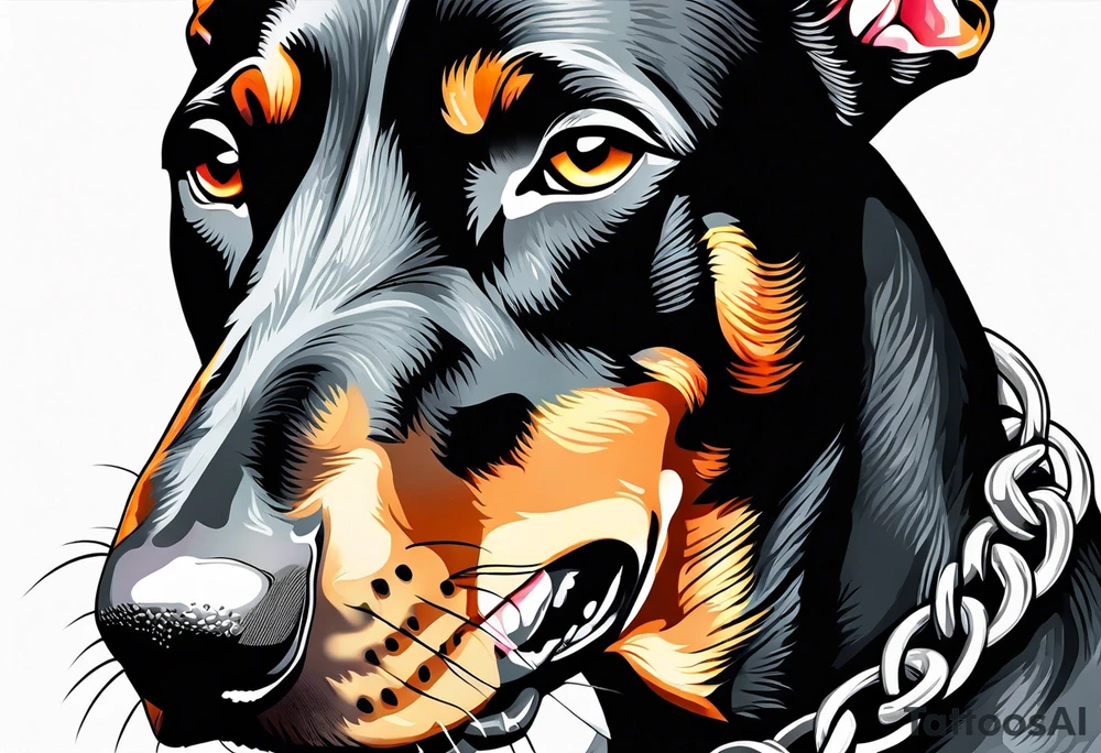 Doberman with open mouth biting
Wearing chain tattoo idea Doberman with open mouth biting
Wearing chain tattoo idea