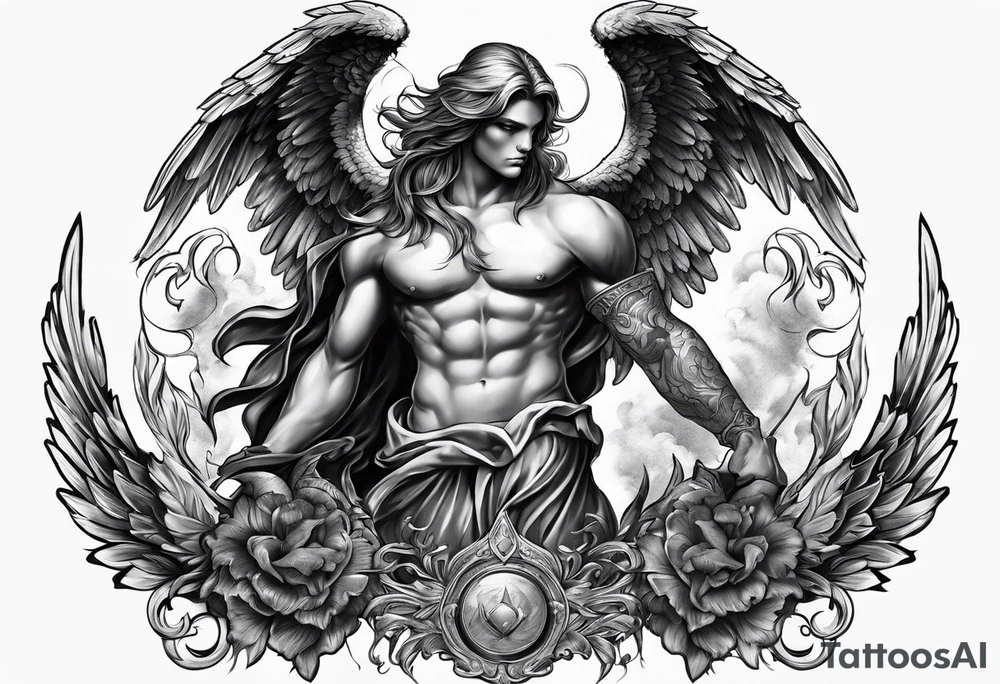 Male American guardian angel and demon angel combined together tattoo idea
