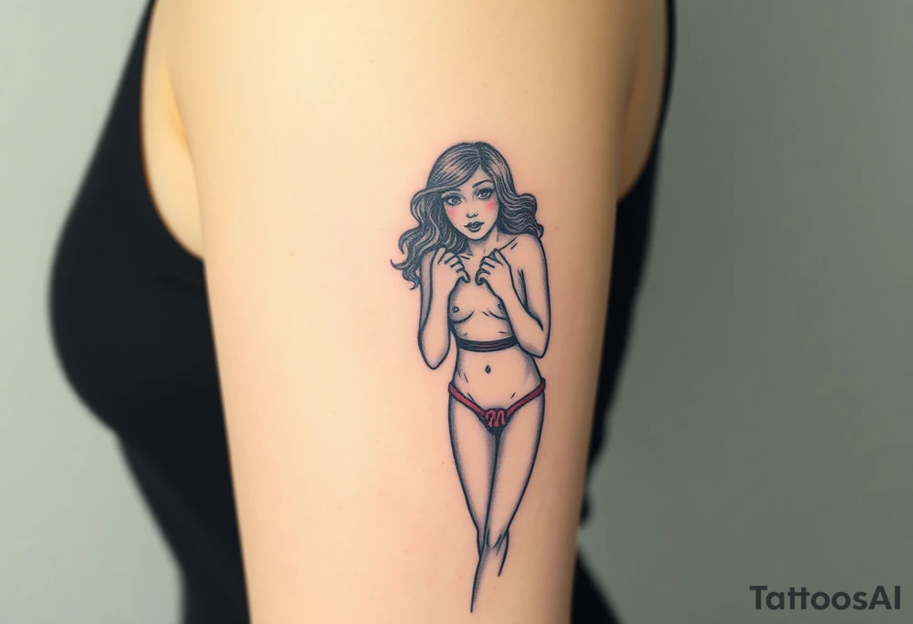 Naked woman in hog tie, looking scared tattoo idea