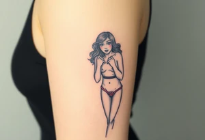 Naked woman in hog tie, looking scared tattoo idea
