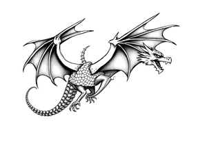 Dragon flying with outstretched wings and a long and slender body and outstretched tail tattoo idea