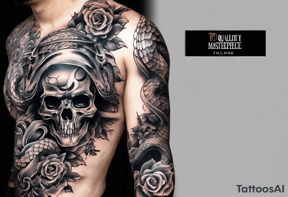 sleeve tattoo with a snake, gun, skull and Japanese designs, no flowers tattoo idea