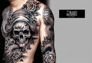 sleeve tattoo with a snake, gun, skull and Japanese designs, no flowers tattoo idea