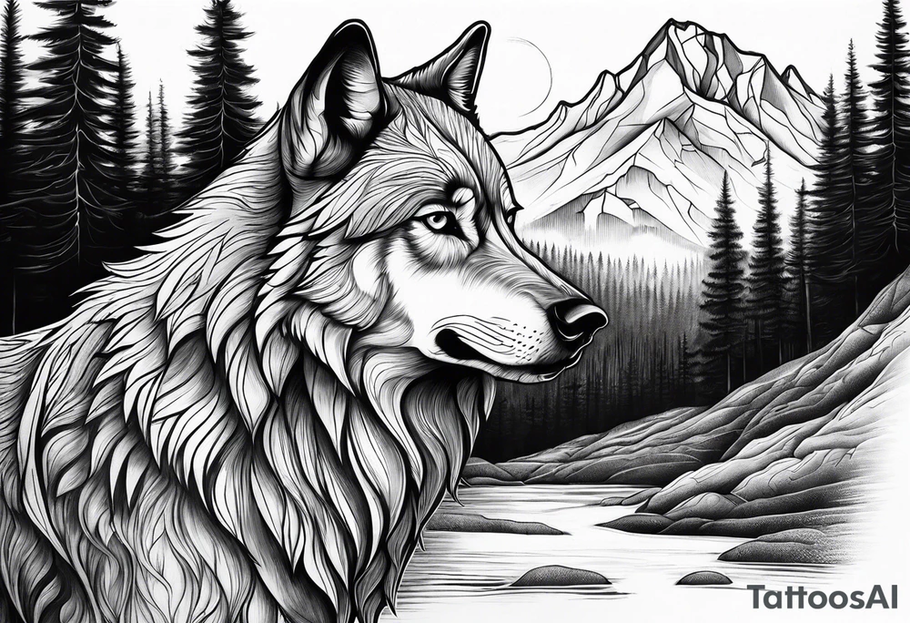 Mountains, wolf in it tattoo idea